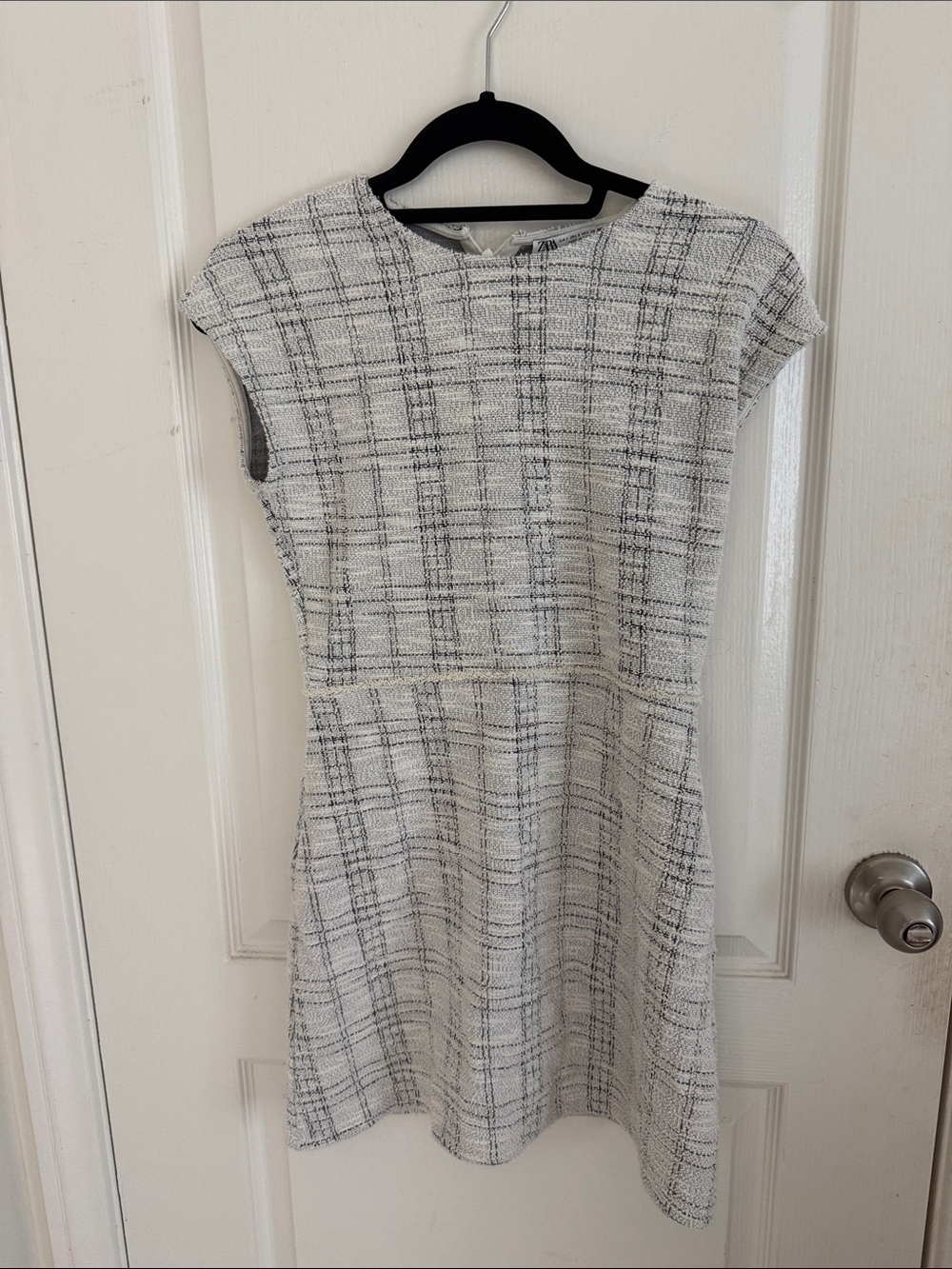 Zara White and Black Plaid Tweed Midi Dress